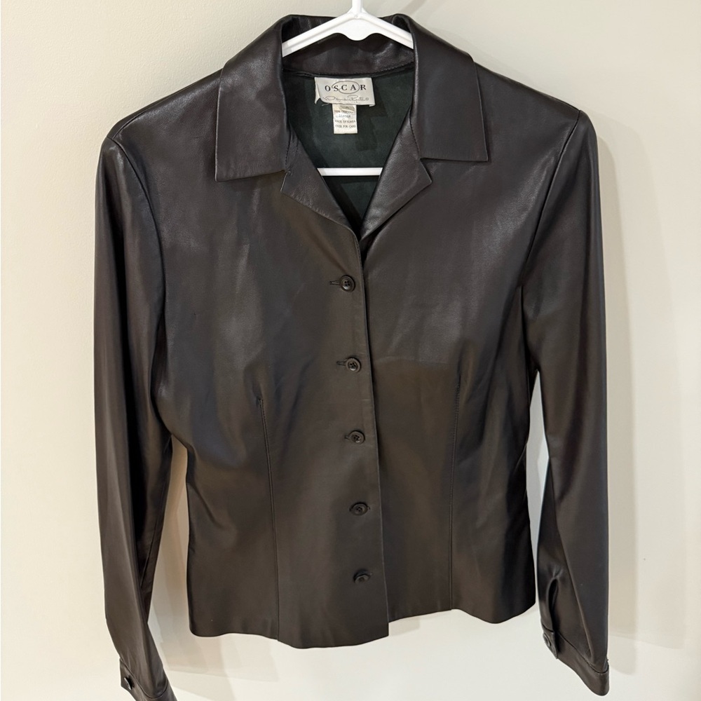 Vintage Oscar de la Renta Black Leather Shirt-Style Jacket - Size 4